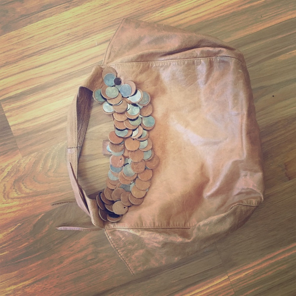 Super fun brown leather sequin purse